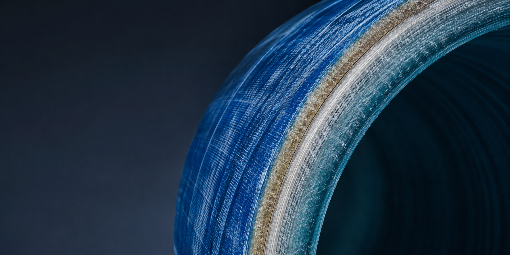 Close-up of layered filament-wound fiberglass reinforced plastic pipe