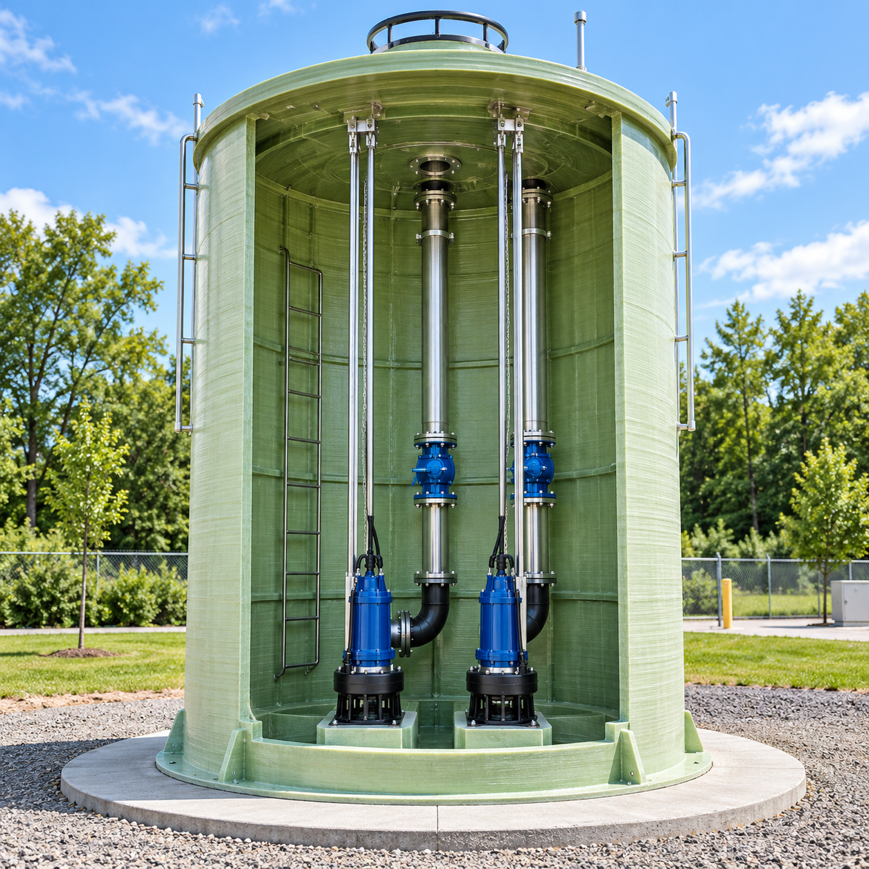 Fiberglass lift station cutaway with pumps and internal piping