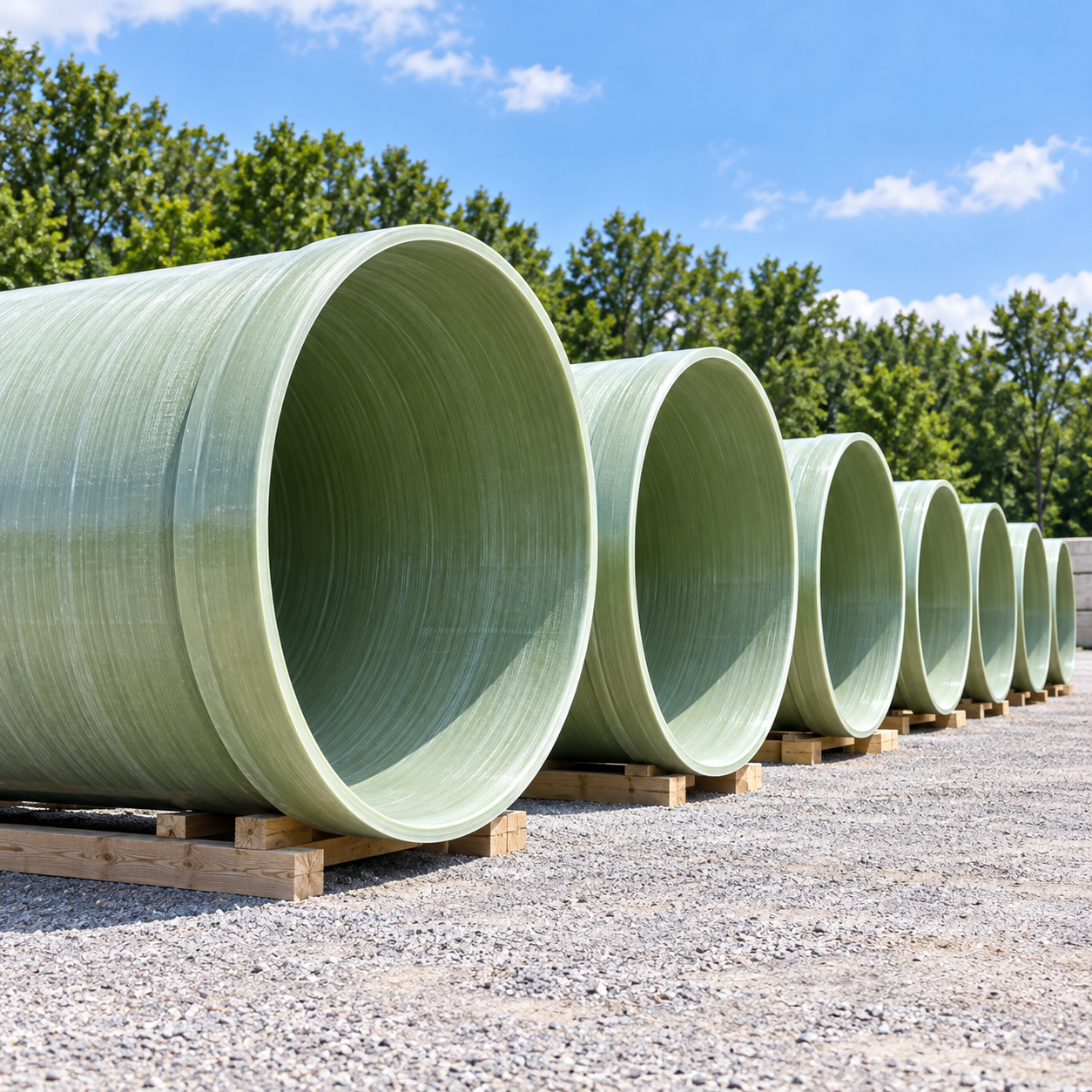 Large-diameter fiberglass pipe in an outdoor storage yard