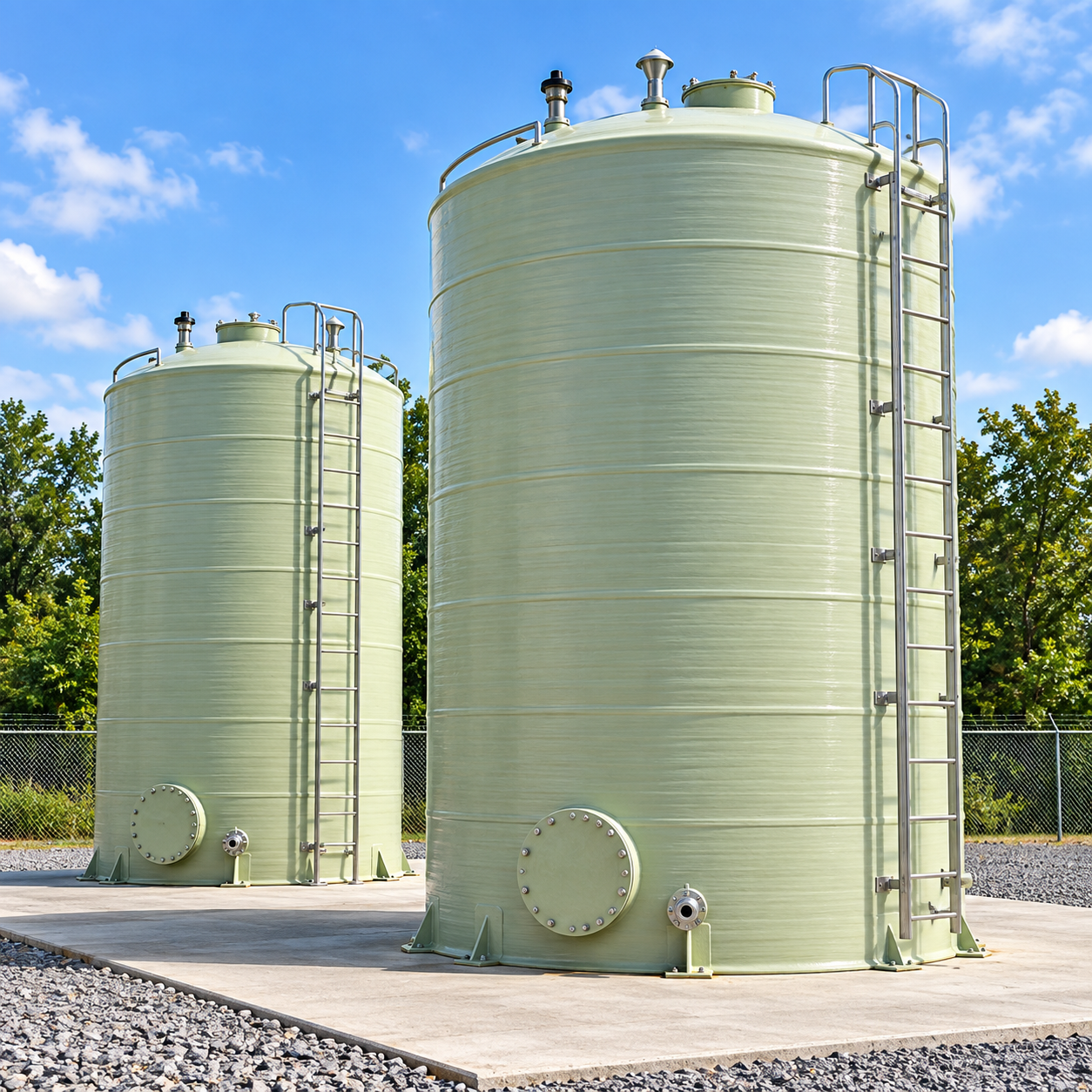 Two freestanding fiberglass storage tanks on a concrete pad